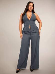 SHEIN BAE Pantalones largos de mujer de talla grande para primavera/verano, de corte holgado/ajustado, negros con bolsillos, de pierna recta y ancha, de oficina, de tiro bajo/medio, aptos para salidas de San Valentín, meriendas, trabajo, escuela, carnavales, playa, vacaciones, vuelta al cole, chica cool