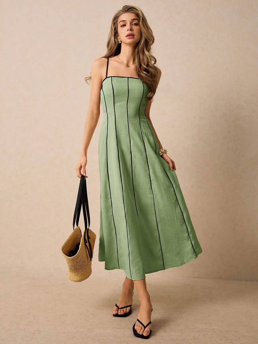 Poéselle Women's Mint Green Casual Maxi Dress: Sleeveless Spaghetti Strap Woven Fabric Flared Hem Long Dress With Contrast Stitch Detail - Mint Green - View 1