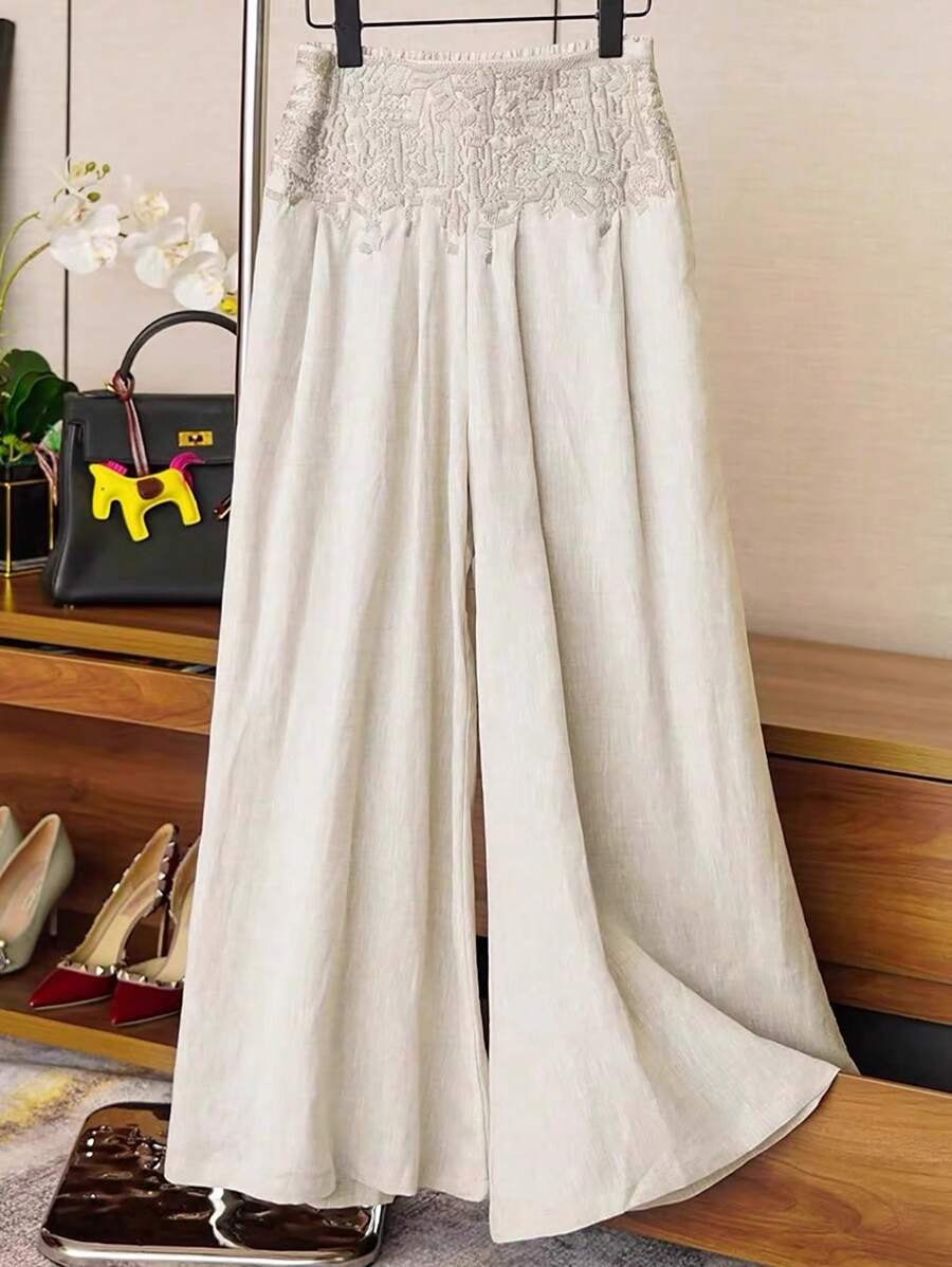 Franclia Pantalon ample et décontracté à jambes larges en lin brodé