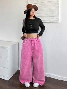 SHEIN EZwear Plus Size Casual Loose Straight Leg Khaki Jeans Fall And Winter Denim Jeans Halloween Outfits Wide Leg Jeans Solid Retro Washed Vintage Denim