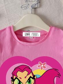 Teen Titans Go X SHEIN Tween Girl Oversized Pink Heart Graphic Round Neck Short Sleeve Summer Casual T-Shirt - Pink - View 3