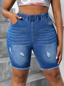 SHEIN SXY Plus Size Women's Summer Pockets Distressed Elastic Waist Denim Biker Pants