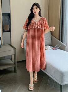 DAZY Cute Plaid Ruffle Edge Patchwork Lace Women Nightgown Pajama, Moo Moo