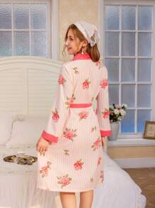 CottageSlumber Striped Rose Flower Ruffle Trim Women Sleepwear Robe - Multicolor - View 2