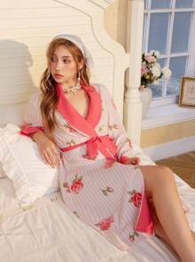 CottageSlumber Striped Rose Flower Ruffle Trim Women Sleepwear Robe - Multicolor - View 3