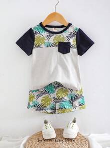 Cozy Pixies 2pcs Baby Boy Colorblock Knitted Soft Round Neck Short Sleeve Pullover Top And Elastic Waist Shorts Set - Multicolor - View 1