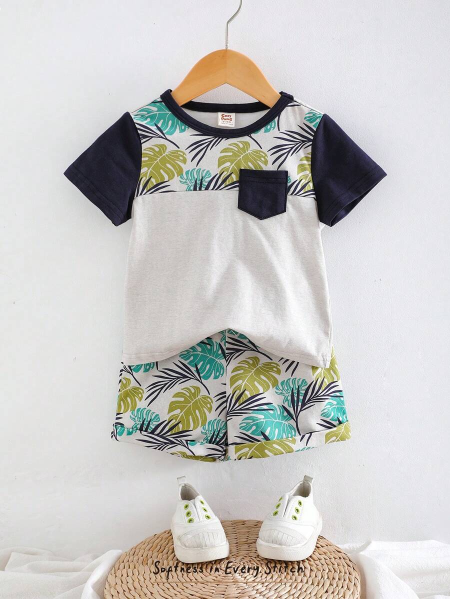 Cozy Pixies 2pcs Baby Boy Colorblock Knitted Soft Round Neck Short Sleeve Pullover Top And Elastic Waist Shorts Set - Multicolor - View 1