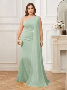 SHEIN Belle Plus Size Chiffon Asymmetrical Neck Bridesmaid Dress With Sequins Decor And Waist Ruched, Party Dress, Wedding Guest Dress, Formal Dress, Evening Dress, Gown