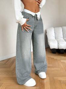 SHEIN Tall 女士牛仔裤低腰直筒裤双腰直筒裤拼接直筒裤高腰女士牛仔裤情人节女士夏季婚礼嘉宾女士宽松牛仔裤 - 淺色水洗藍 - 查看 3