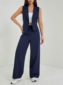 SHEIN PETITE Setelan Musim Gugur Dua Potong 2pcs/Set Wanita Atasan Tanpa Lengan dan Celana Warna Polos, Pakaian Musim Gugur Biru Tua, Wanita Bertubuh Mungil - Navy Blue - View 6