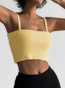 DAZY Women Solid Fitted Ribbed Knit Crop Top Y2k - Yellow - View 2