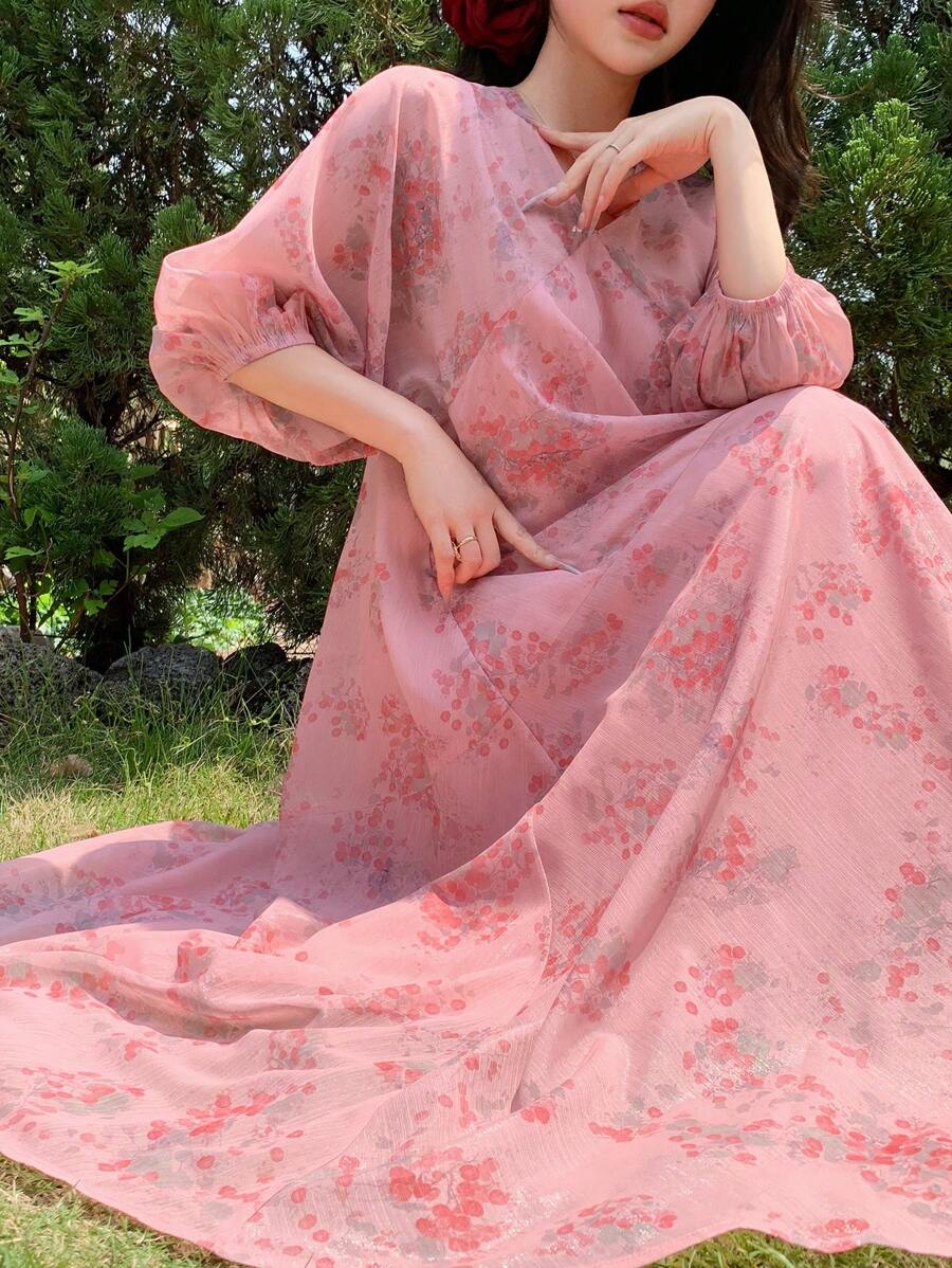 DAZY Full Floral V-Neck Lantern Sleeve Long Dress For Ladies - Pink - View 1