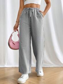 SHEIN PETITE 女士纯色时尚长裤，适合夏季 - 黑色 - 查看 1