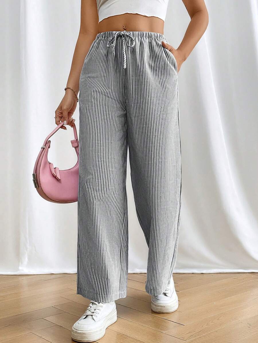 SHEIN PETITE 女士纯色时尚长裤，适合夏季 - 黑色 - 查看 1