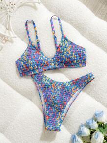 SHEIN Swim 全新夏季碎花印花比基尼套装，性感简约设计，适合海滩度假 - 彩色 - 查看 3