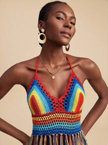 Travachic Women's Vacation Tassel Hem Halter Neck Rainbow Striped Cover-Up Top,Crochet Tops,Summer For Women,Beachwear,Easter,Beach For Woman,Spring Break,Vacation Women,Concert Women,BOHO,Bohemia,Music Festival,Tropical Vacation Woman - Multicolor - View 3