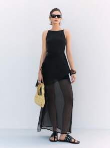 LYSMO 女式夏季纯黑色圆领无袖吊带荷叶边不对称下摆连衣裙长款修身优雅时尚连衣裙适合度假和日常穿着 - 黑色 - 查看 5