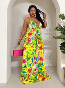 Veslaya 2025 春夏新品日常穿着、生日、休闲、度假、海滩、旅行、热带花卉印花高腰 A 字型无袖大码连衣裙 - 彩色 - 查看 4