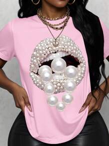 Maweii Plus Size Summer Casual Lip Print Short Sleeve T-Shirt - Dusty Pink - View 1
