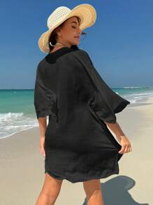 Swim Lushoire Vacation Beach Solid Color Hollow Out Crochet Patchwork Cover Up