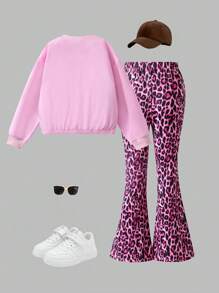 Set de 2 piezas de sudadera con estampado de lazo de leopardo y pantalón acampanado para niñas preadolescentes, adecuado para otoño/invierno