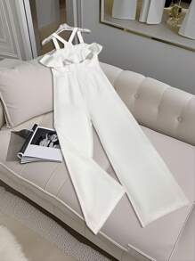 SHEIN Clasi Summer New French Style Elegant Ruffled Patchwork Slim Fit Women Jumpsuit - White - View 2