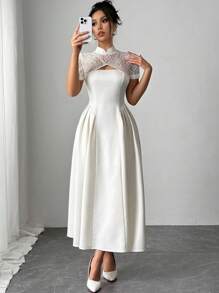 Firerie Elegant Minimalist Delicate Romantic Commute & Daily Vacation Outfits Woman Lace Patchwork Puff Sleeve Gathered Waist Mid-Calf White Dress, For Women - White - View 4