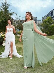 SHEIN Belle Plus Size Chiffon Asymmetrical Neck Bridesmaid Dress With Sequins Decor And Waist Ruched, Party Dress, Wedding Guest Dress, Formal Dress, Evening Dress, Gown