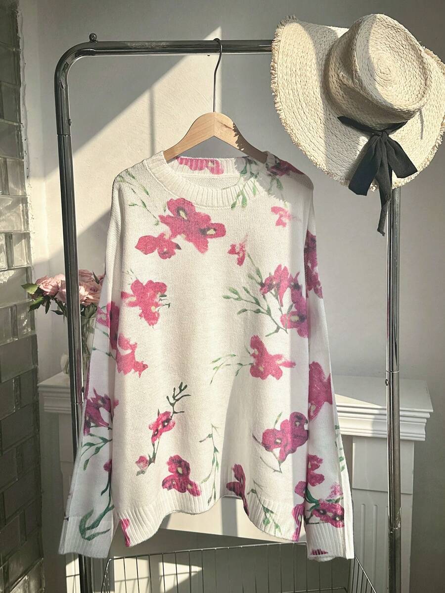 SHEIN EZwear Plus Size Casual Floral Print Knit Sweater