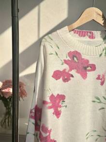 SHEIN EZwear Plus Size Casual Floral Print Knit Sweater