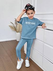 SHEIN 2 件套年轻女孩针织纯色字母印花宽松圆领 T 恤和紧身针织裤 - 藍色 - 查看 1
