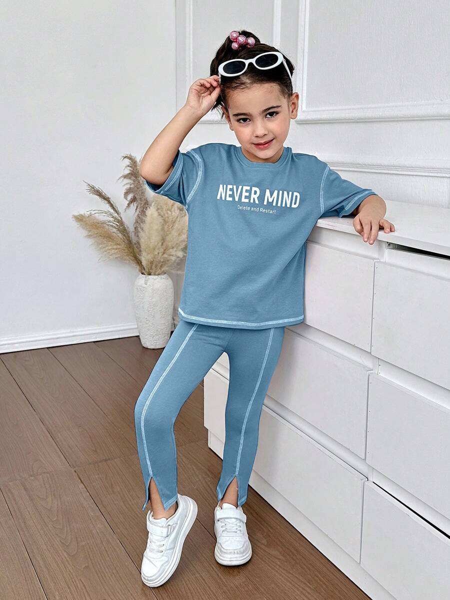 SHEIN 2 件套年轻女孩针织纯色字母印花宽松圆领 T 恤和紧身针织裤 - 藍色 - 查看 1