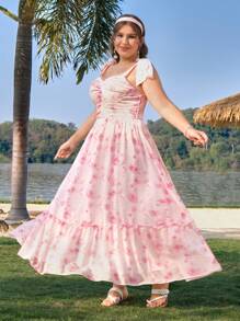 SHEIN MOD Váy suông chiffon in họa tiết hoa ombre cỡ lớn cho nữ - Hồng - Xem 3