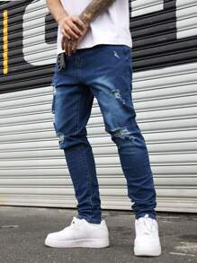 Manfinity LEGND Plus Size Men's Plain Color Casual Denim Jeans, Suitable For Summer - Medium Wash - View 3