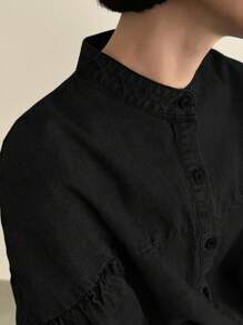 FRIFUL Oversized Women's Denim Shirt With Puff Sleeves - Black - View 6