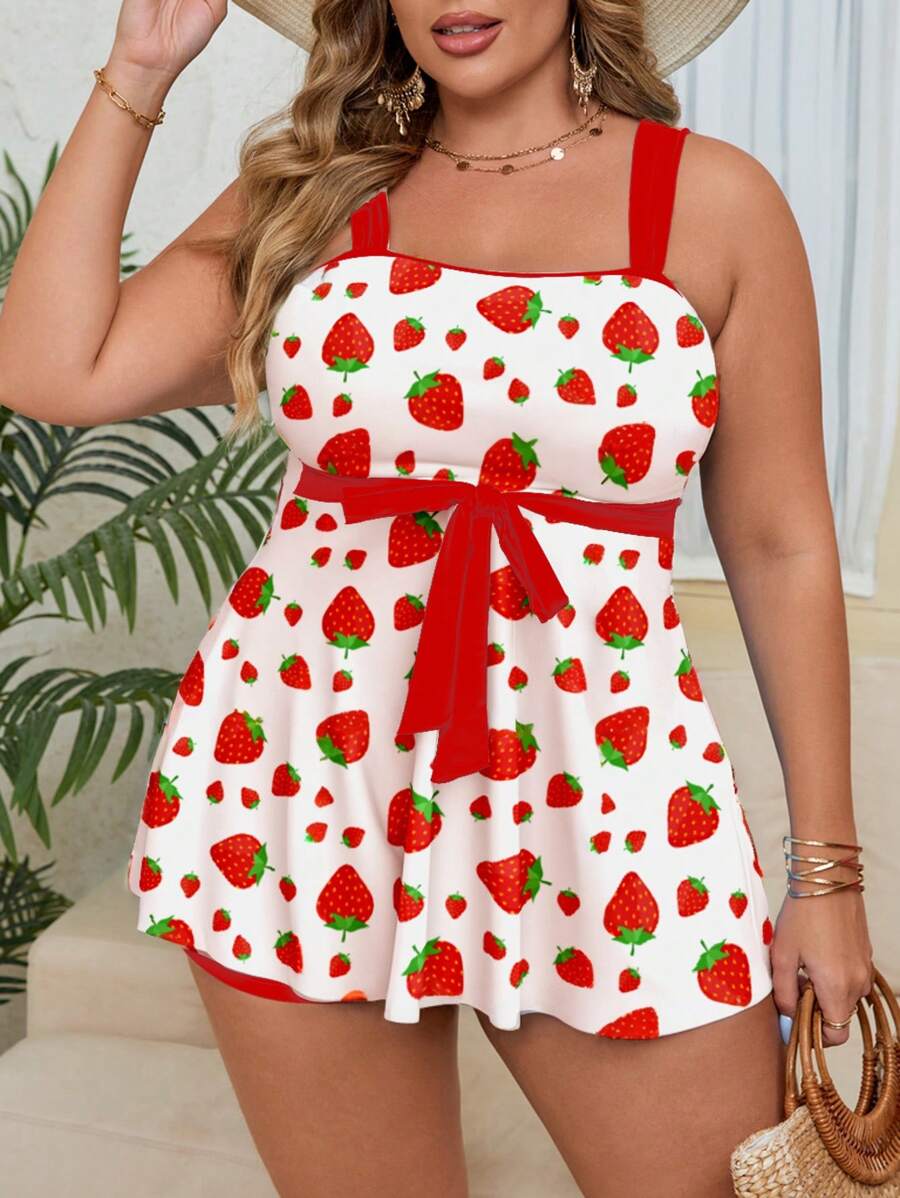 Swim Mod Plus Size Women's Vacation/Graduation Beach Fruit Print Tankini Swimsuit Two Pieces Set, Sweet & Cute Multi-Color For Summer - Multicolor - View 1