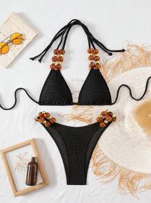 SHEIN Swim Plain Halter Bikini Set With Contrasting Beads Embellishment - Black - View 5