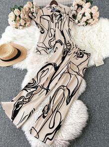 EMERY ROSE 2pcs Plus Size Vacation Casual Contrast Color Print Shirt And Pants Set - Apricot - View 1