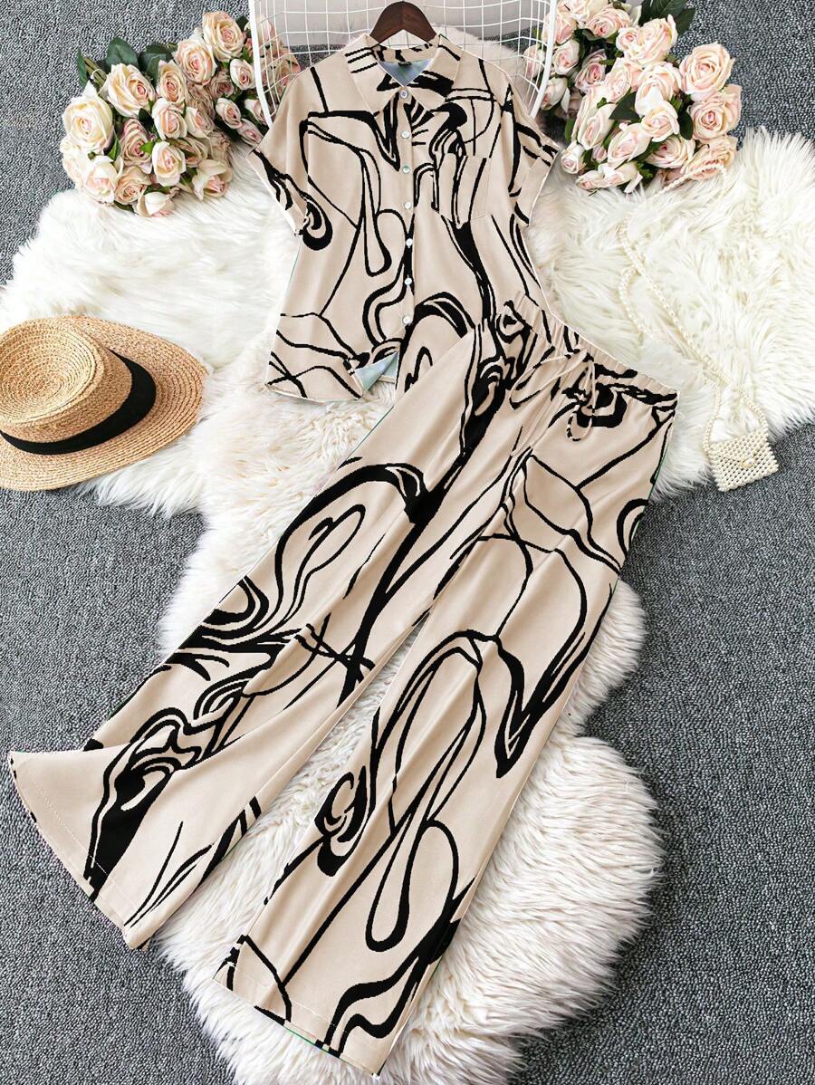 EMERY ROSE 2pcs Plus Size Vacation Casual Contrast Color Print Shirt And Pants Set - Apricot - View 1