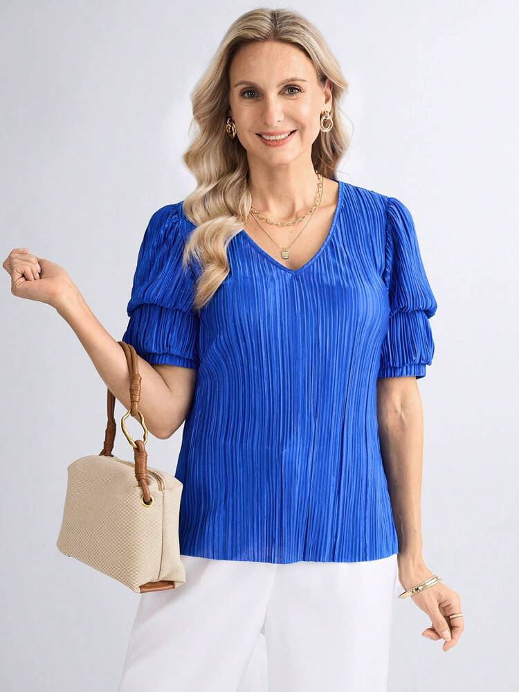 V-Neck Mid-Length Lotus Sleeve Pleated Fabric Women Blouse, Spring, Summer Festival For Mother's Day