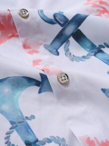 Manfinity RSRT 2pcs Men's Anchor & Coral Casual Leisure Vacation Short Sleeve Shirt And Shorts Set, Cozy Outfits - Pink - View 6