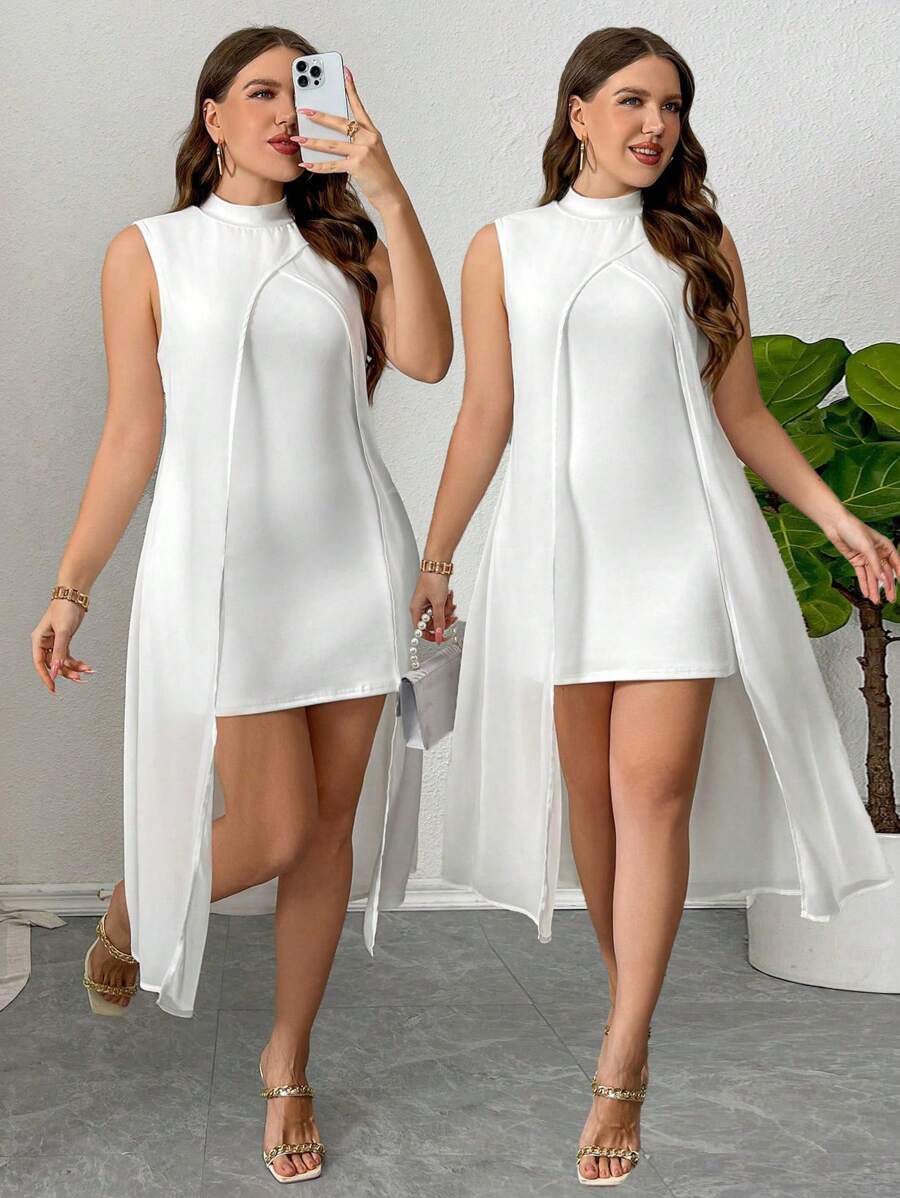 SHEIN Privé White Fashion Dating Two-In-One Tailoring Elegant Chiffon Outer Network Romantic Short Girl Y2K; Office Charming Wedding Dress Upper Limit; Vacation Closer; Valentine's Day/Concert/Performance Clothing/Dating/High-End Wedding/Ball/Wedding Season/Sexy/Elegant/Commuting/Back To School Season/Vacation/Seaside Beach/Elegant Romance/Office Enchantress/Siren/Birthday Party Outfit; Romantic Bohemian Skirt; Romantic Bohemian Skirt,Graduation Dress - White - View 1