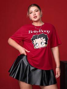 Betty Boop x SHEIN 夏季可爱锐舞音乐会度假海滩休闲波西米亚性感优雅复古Y2K酷炫红色大码字母和图案圆领短袖宽松T恤 - 紅色 - 查看 6