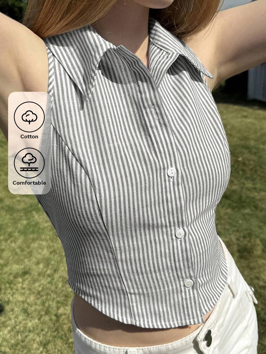 SHEIN EZwear Gray Striped Sleeveless Casual Woven Shirt For Women - Grey - View 1
