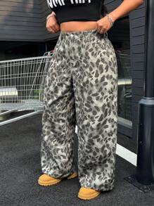 SHEIN EZwear 大码牛仔百慕大阔腿裤，夏季 - 灰色 - 查看 4
