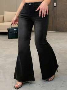 Dazy Plus Elastic Washed Distressed Wrap Around Flare Long Women Girls Denim Jeans, All Season