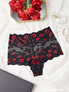 SHEIN Plus Size Women High Waist Lip Lace Fashion Panty Lingerie - Black - View 4