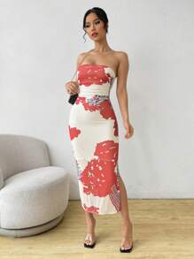 Elenzga Váy lưới xếp nếp in hoa thanh lịch - Đỏ - Xem 3