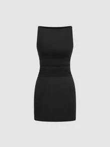 Sweetra 船领荷叶边迷你连衣裙，简约时尚，适合夏季