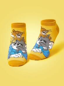 TOM & JERRY X SHEIN 1 Pasang Kaos Kaki Pendek Wanita Motif Kartun Warna Kontras Modis - Kuning - View 4